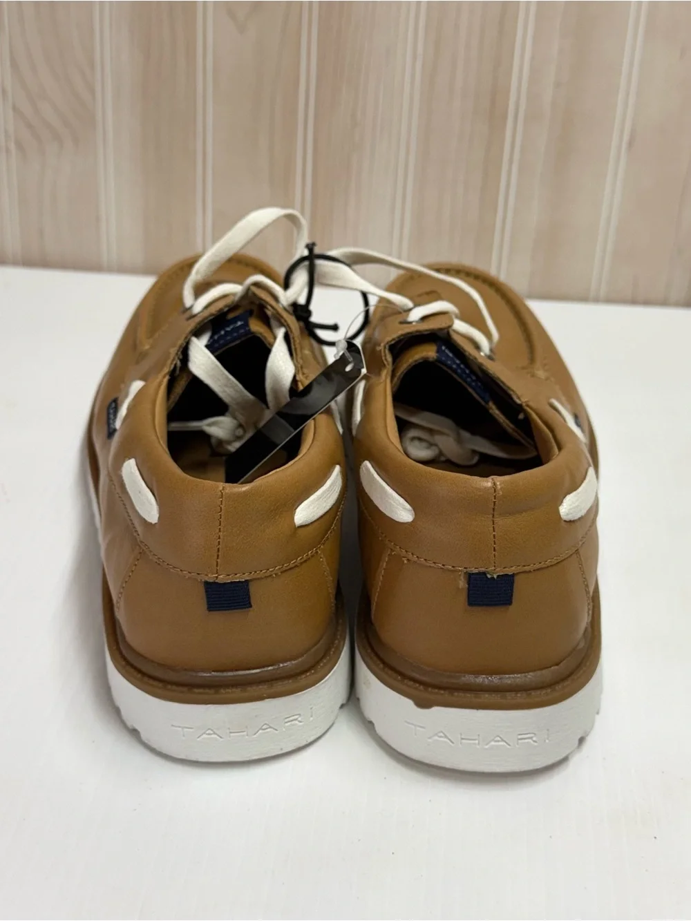 Tahari Men’s Brown Leather Boat Shoes with White Accents